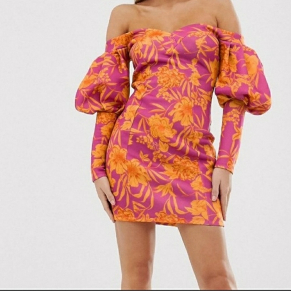 ASOS Pink and Orange Off-Shoulder Floral Mini Dress